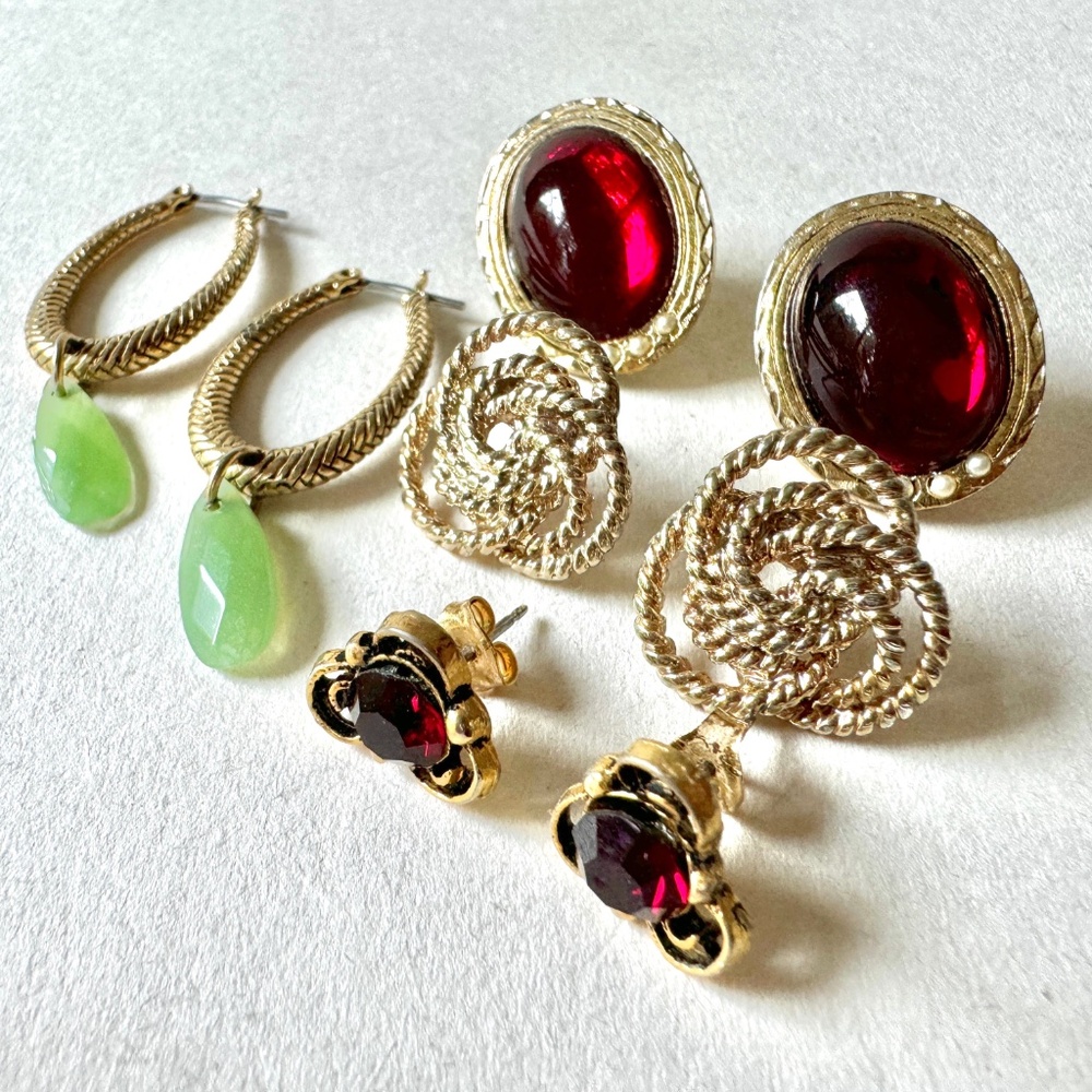 Festive Earrings Set, Gold, Red, Green vintage pierced